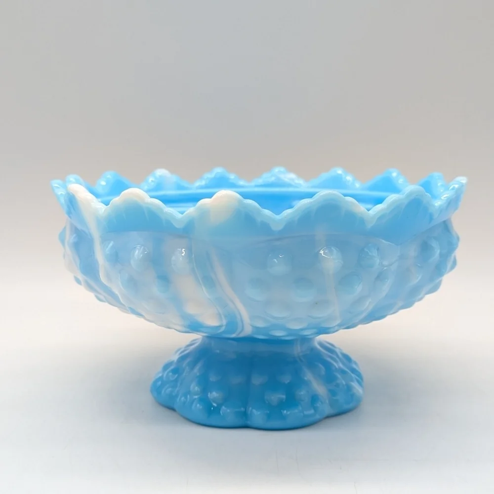 Vintage Fenton Blue White Marbled Hobnail Glass Candlestick Holder
